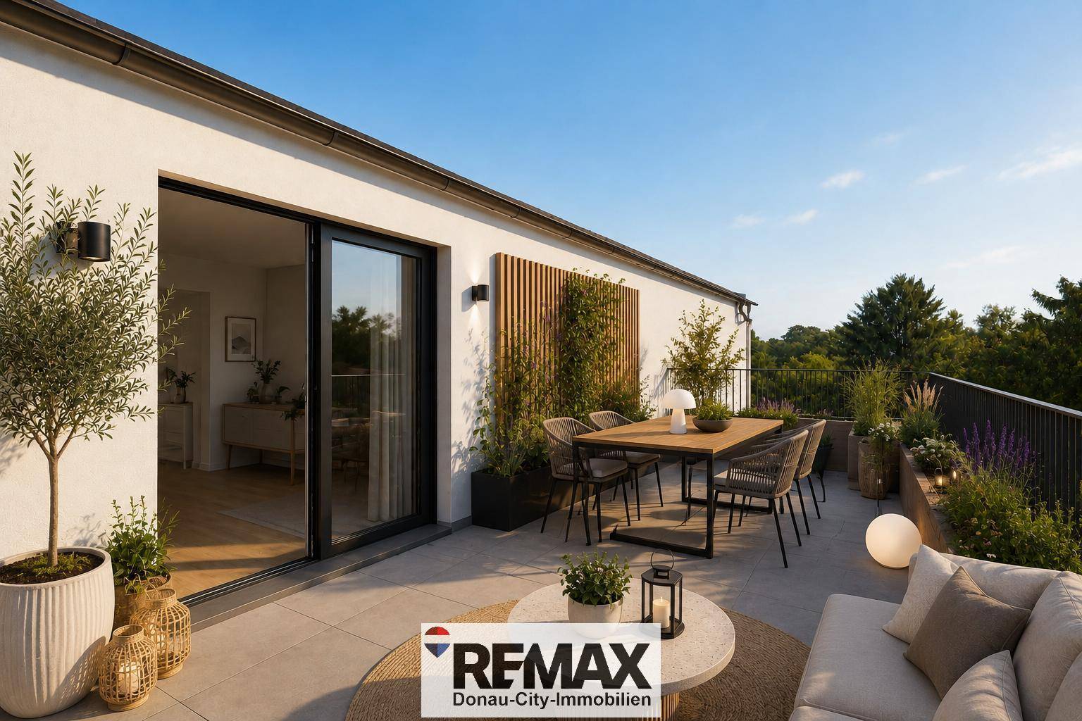 Geräumige Dachterrasse mit modernen Gartenmöbeln, Pflanzen und weitem Blick ins Grüne.