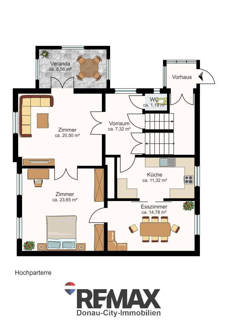 Grundriss des Hochparterres mit Wohnzimmer, Esszimmer, Küche und Veranda.
