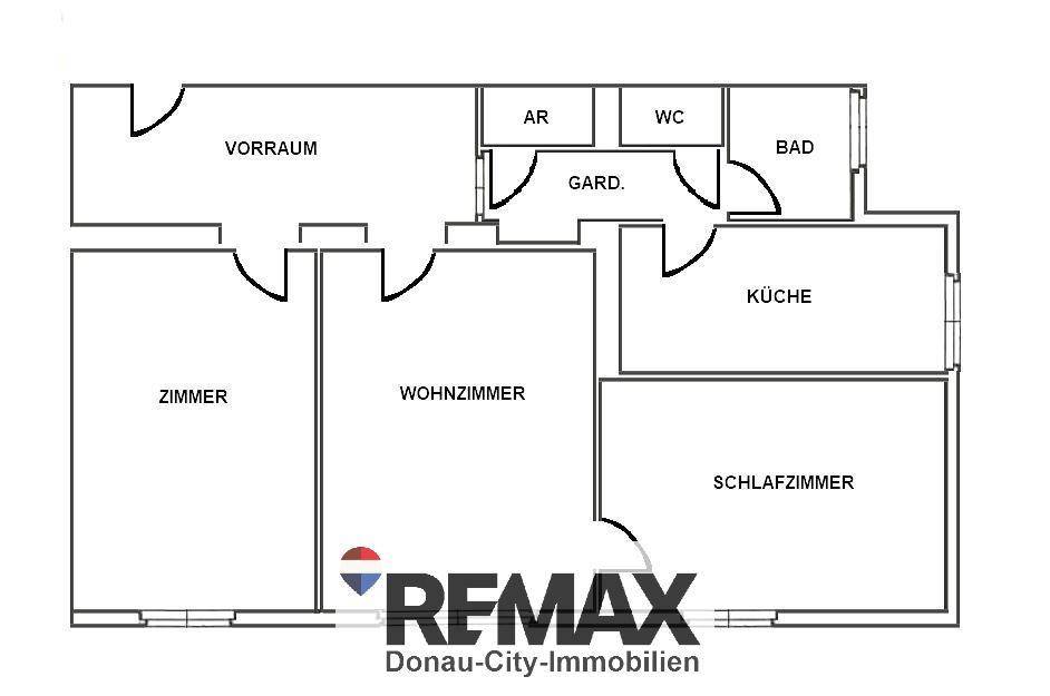 Grundriss einer Wohnung mit Zimmern, Wohnzimmer, Küche und Bad.