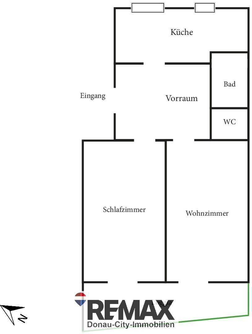 Grundriss der Wohnung mit separater Küche, Bad, WC, Schlafzimmer und Wohnzimmer.