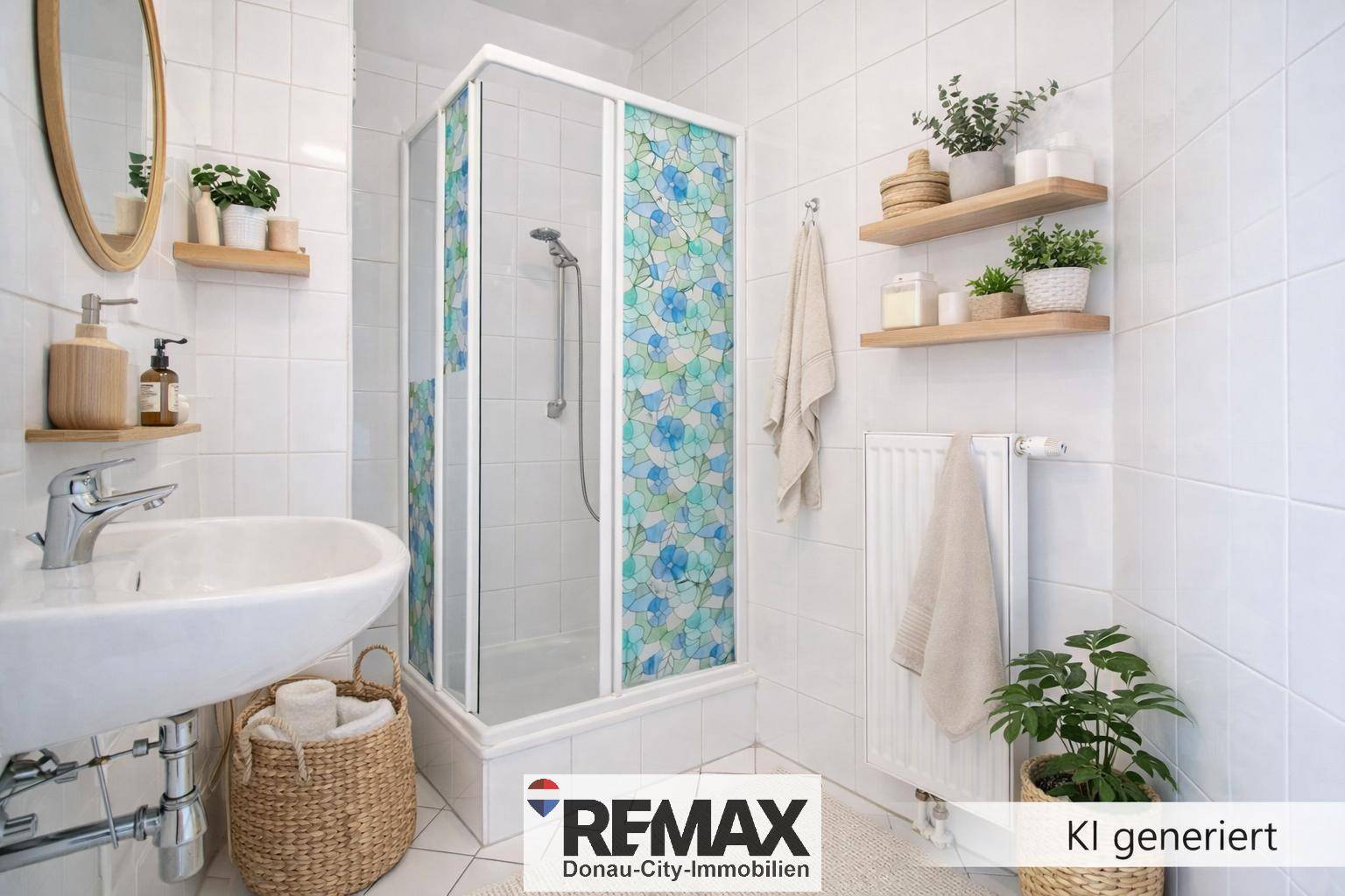 Funktionales Badezimmer mit Duschkabine, Waschbecken und weißen Fliesen in gutem Zustand.
