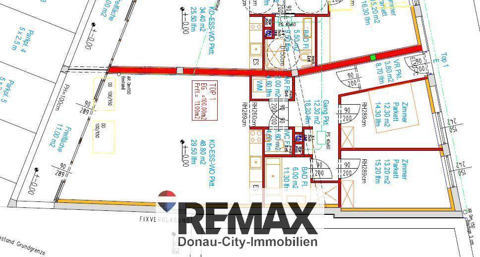 Technischer Grundriss einer Wohnung mit detaillierten Maßangaben und Raumaufteilung.