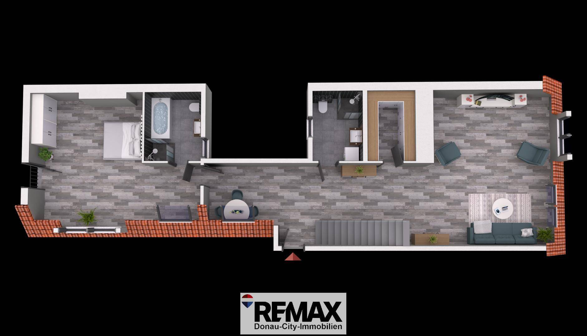 Grundriss einer Maisonette-Wohnung mit Schlafzimmer, Bad und offenem Wohnbereich.