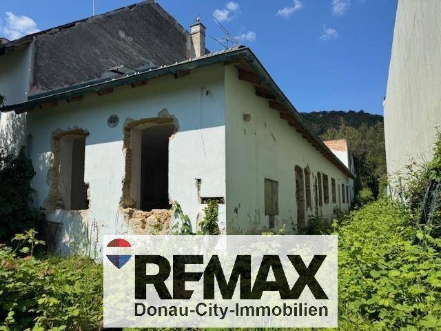 Altes, renovierungsbedürftiges Gebäude mit bröckelndem Putz und überwuchertem Gartenbereich.
