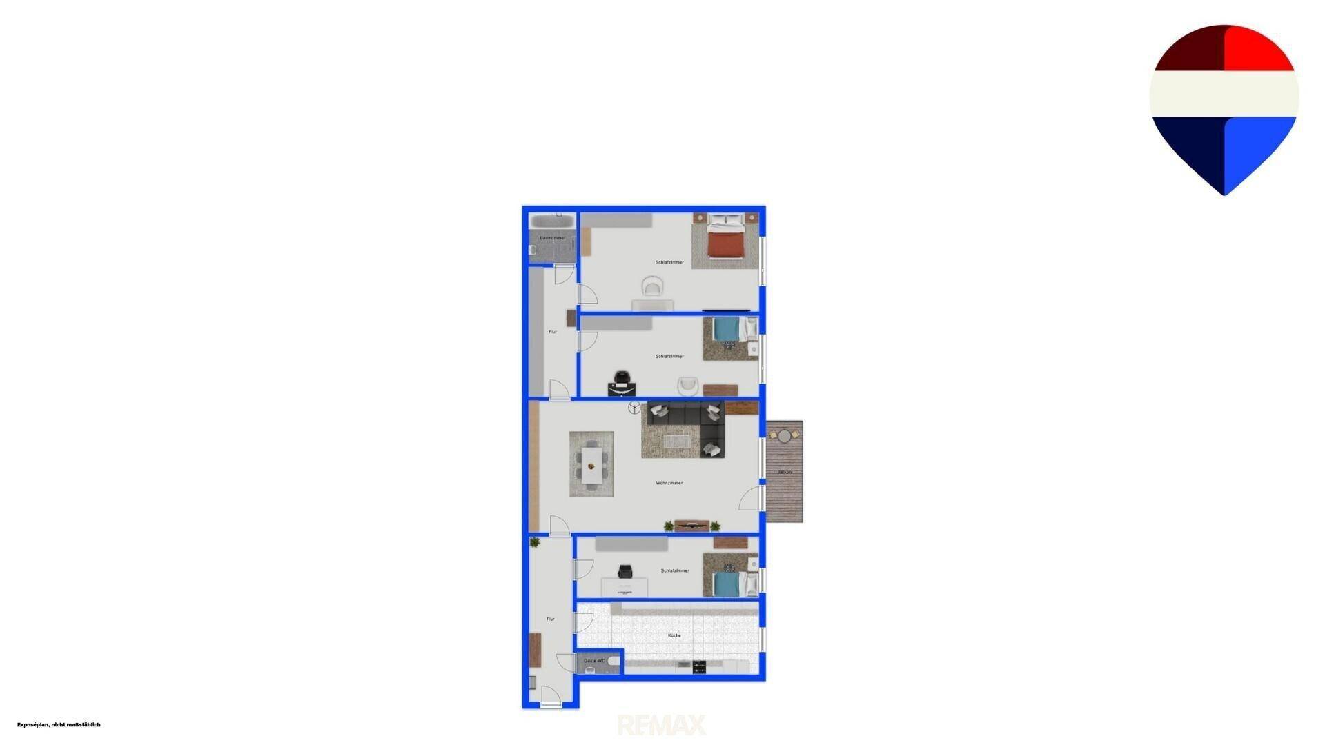 Grundriss der Wohnung mit Raumaufteilung und Balkon.