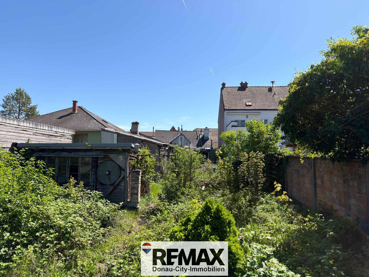 Verwachsenes Gartengrundstück mit Blick auf umliegende Häuser und viel Grün unter blauem Himmel.