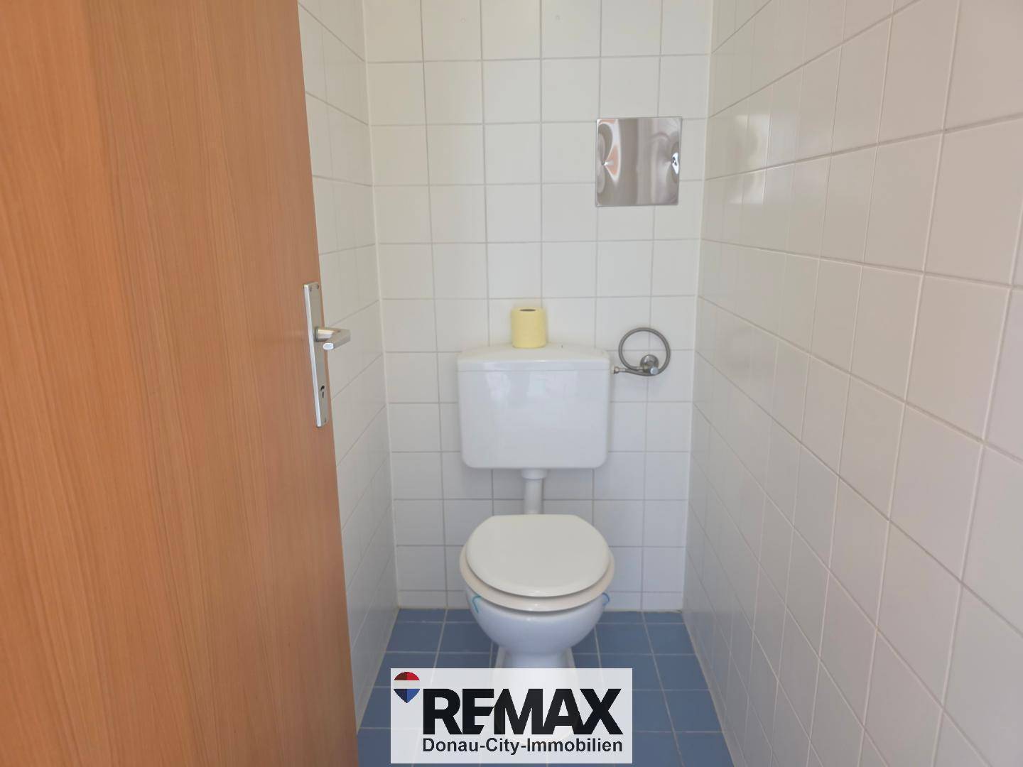 Separate Toilette mit weißer Keramik und blauem Fliesenboden, einfach und funktional.