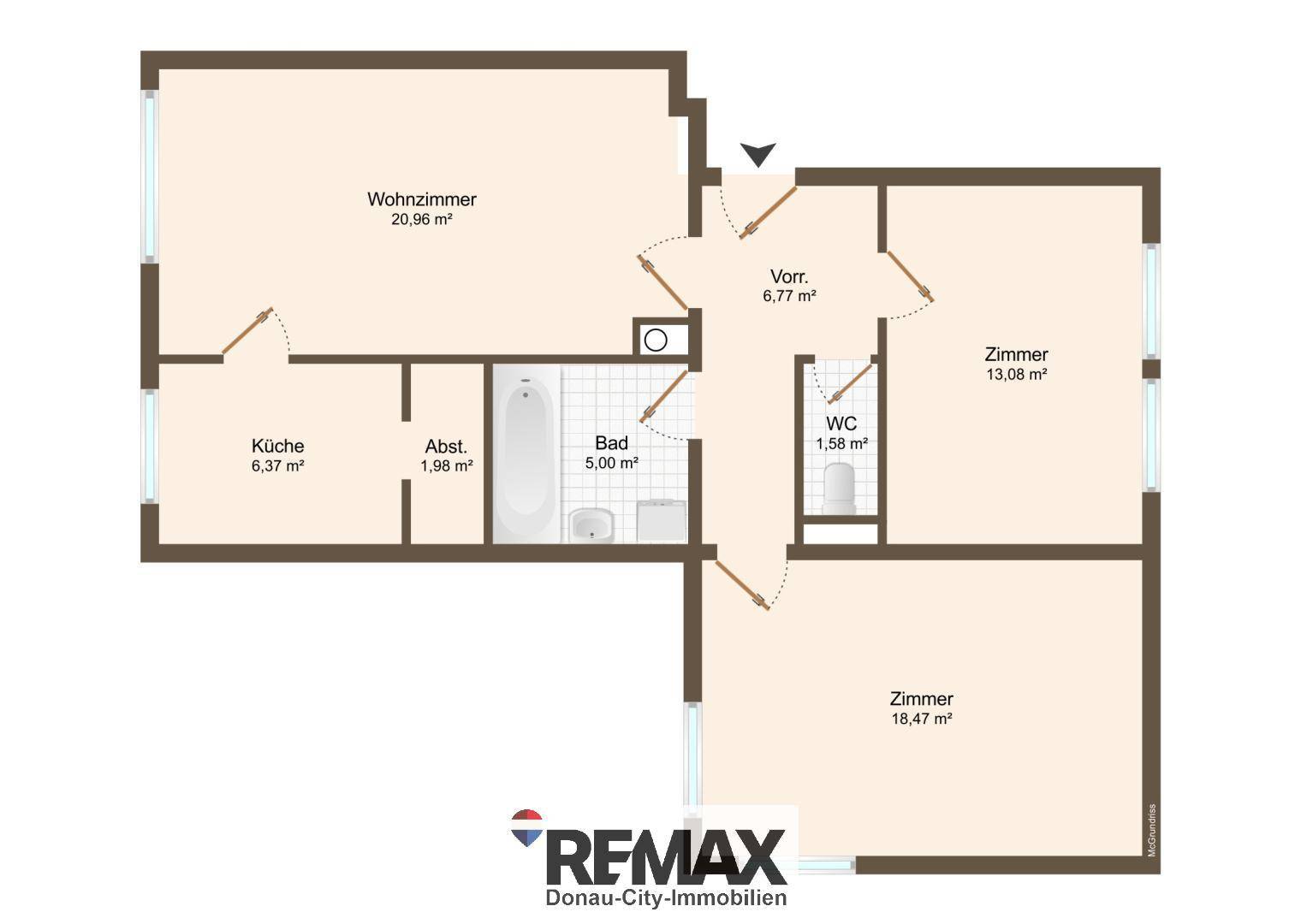 Grundriss der Wohnung mit Wohnzimmer, Küche, Bad, WC und zwei weiteren Zimmern.