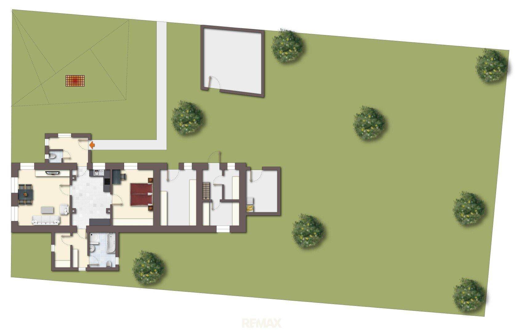 Grundriss des Hauses mit Raumaufteilung, Garten und Nebengebäude.
