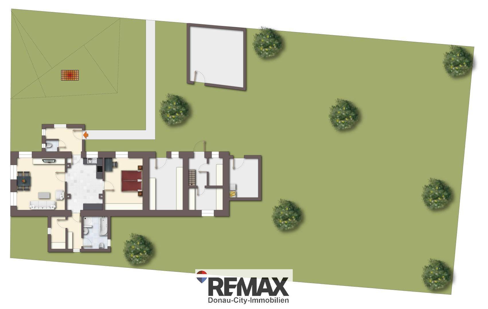 Grundriss des Hauses mit Raumaufteilung, Gartenbereich und Nebengebäude.