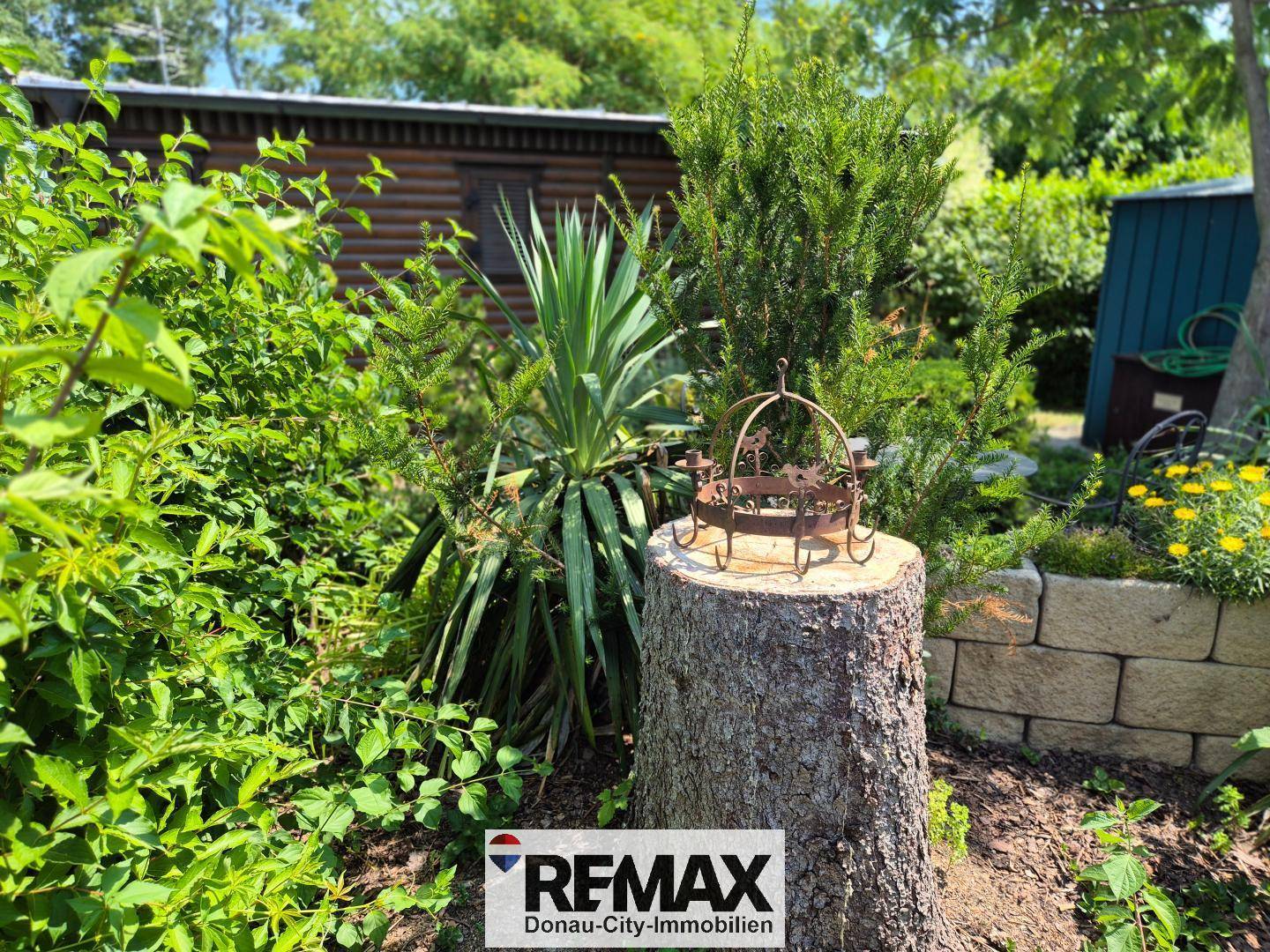 Gepflegter Gartenbereich mit vielfältiger Bepflanzung, einem Baumstumpf und einem Holzschuppen im Hintergrund.
