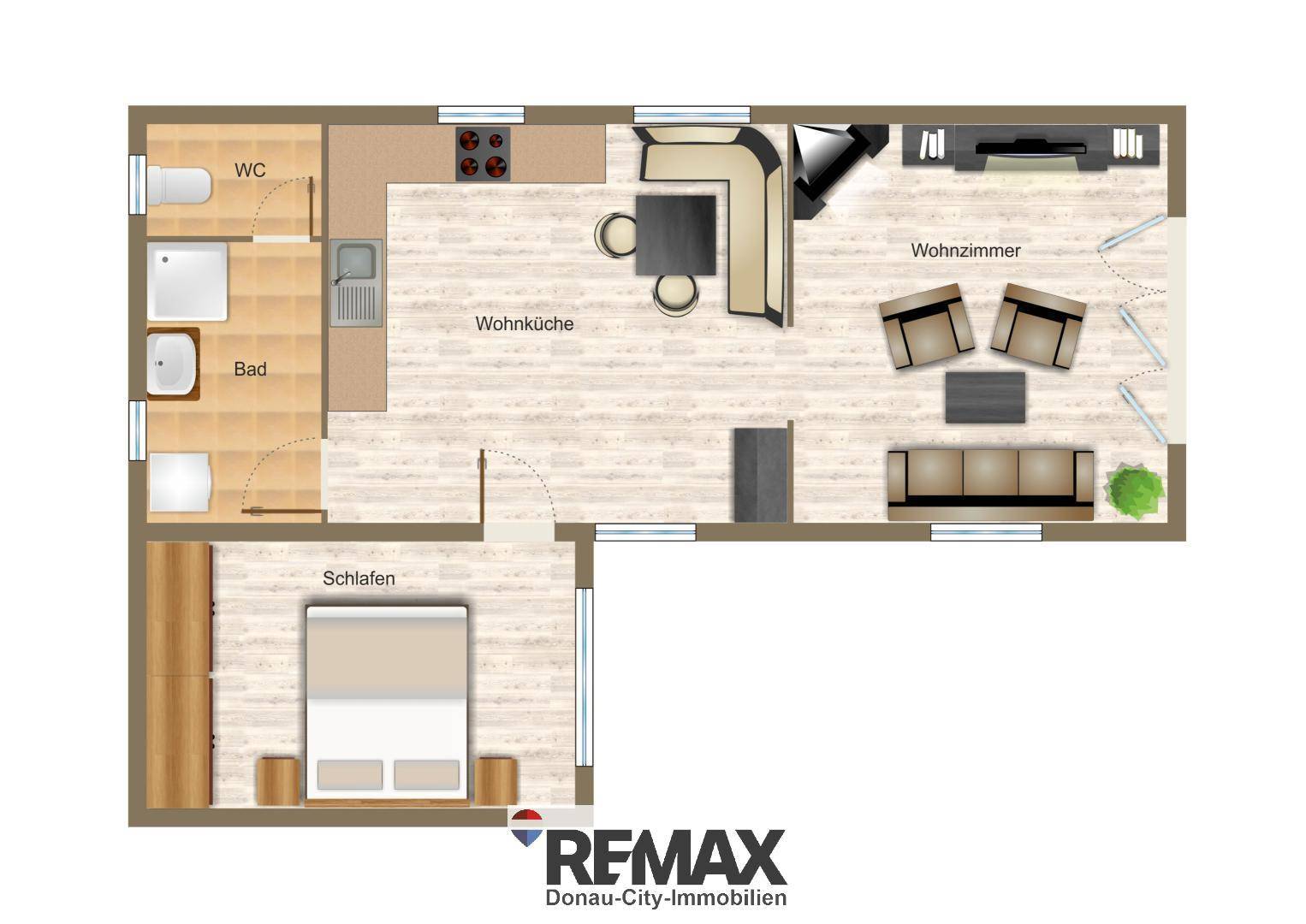Grundriss einer Wohnung mit Wohnküche, Wohnzimmer, Schlafzimmer, Bad und separatem WC.