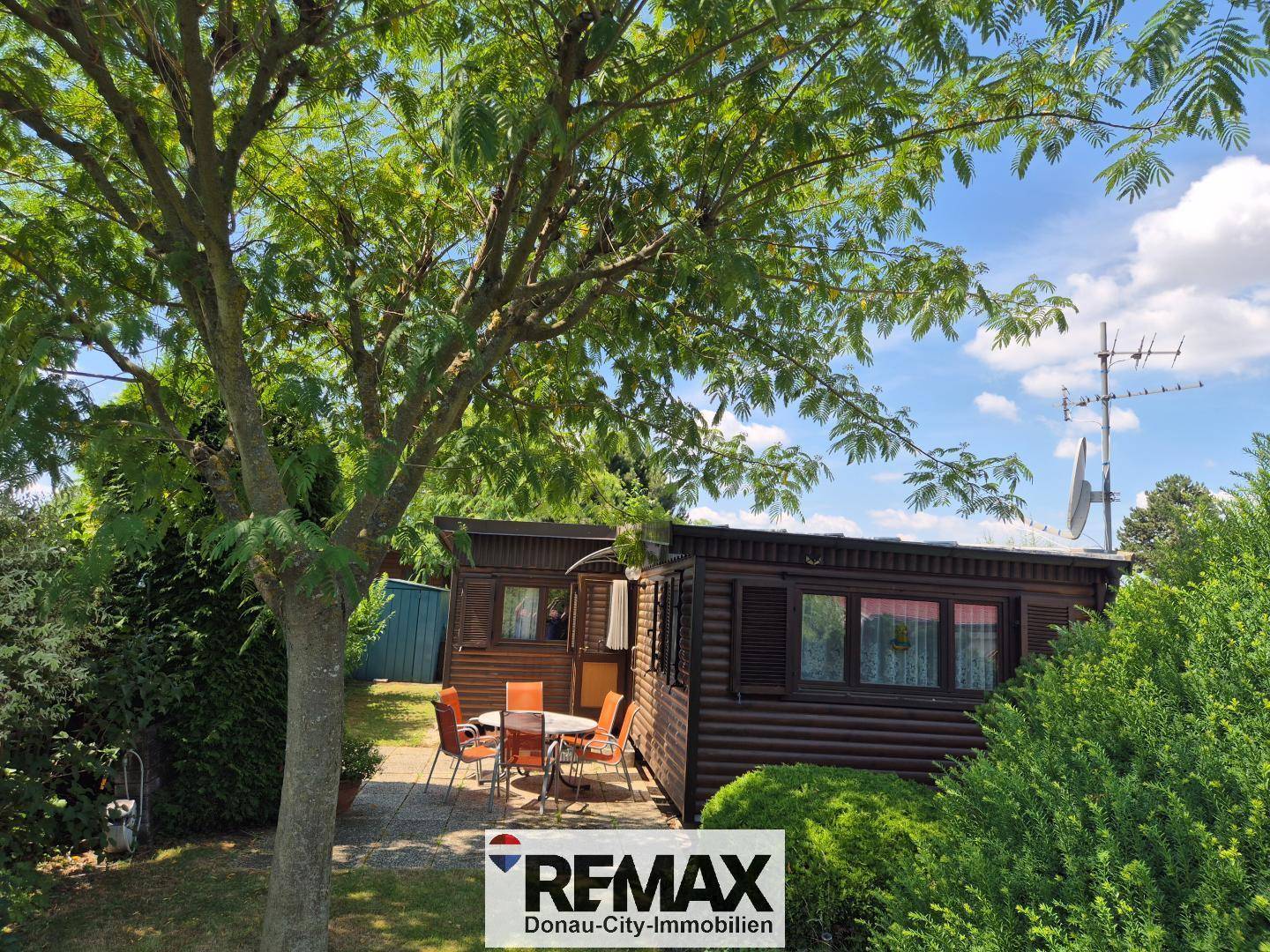 Gemütlicher Gartenbereich mit Terrasse und Gartenmöbeln vor dem Holzhaus unter blauem Himmel.