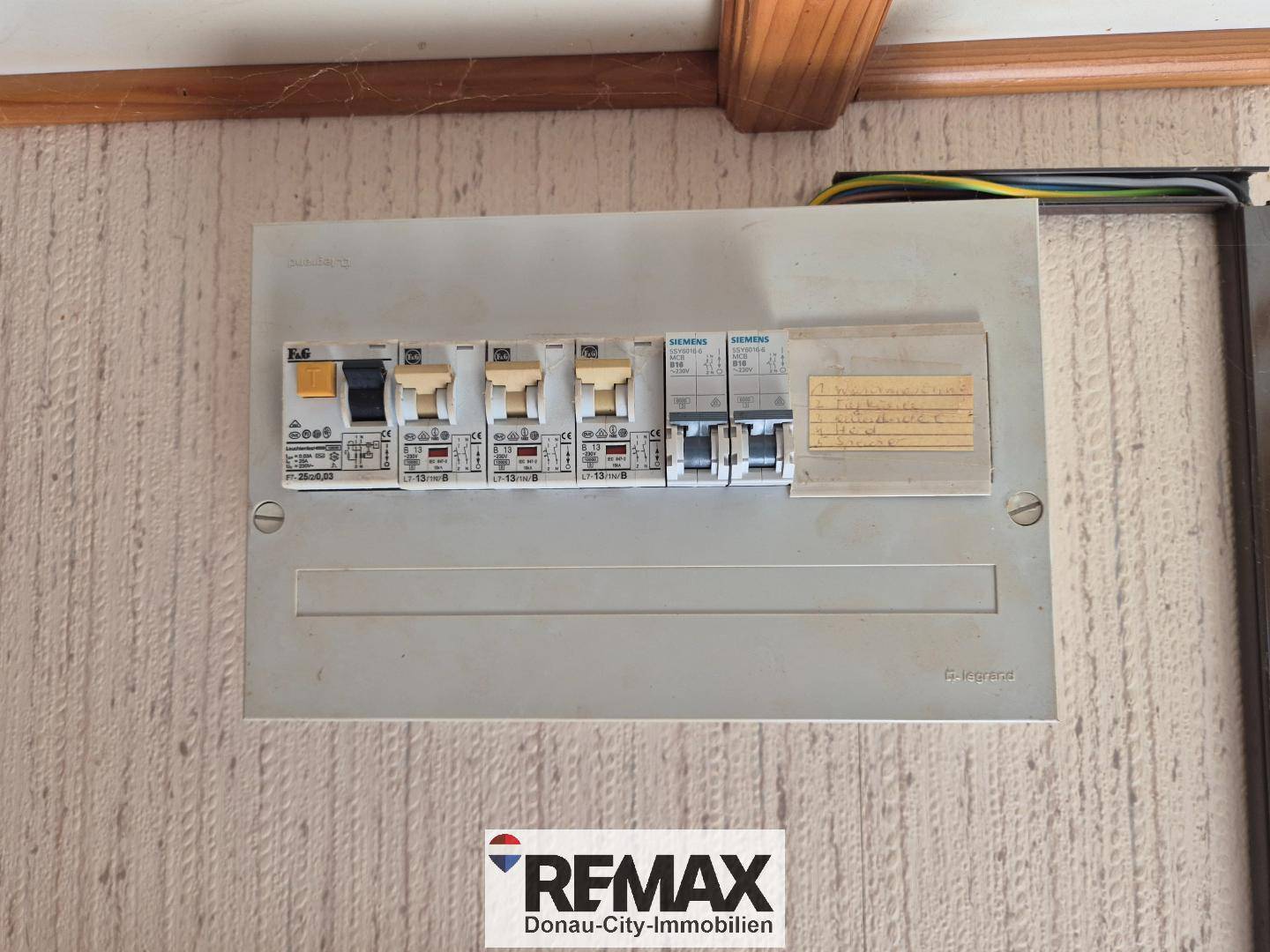 Elektrischer Sicherungskasten an einer strukturierten Wand in einem Nebenraum.