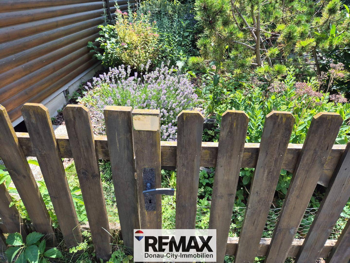 Rustikaler Holzzaun mit Tor und blühendem Lavendel im Hintergrund, der einen Gartenbereich abgrenzt.
