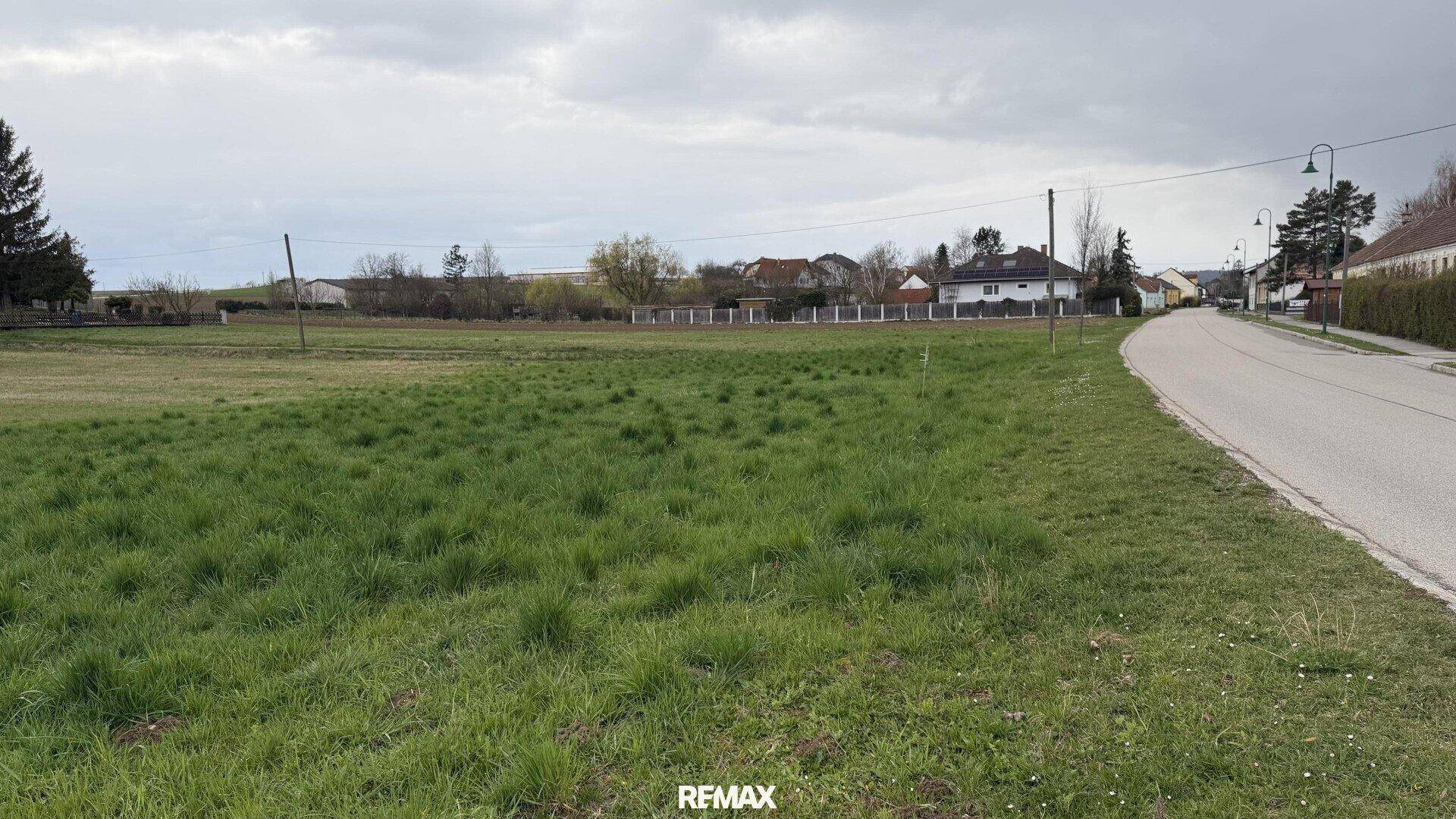 Grünes Baugrundstück an einer ruhigen Landstraße mit Häusern in der Ferne.