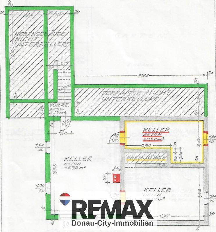 Grundriss des Kellergeschosses mit mehreren Kellerräumen und nicht unterkellerter Terrasse.