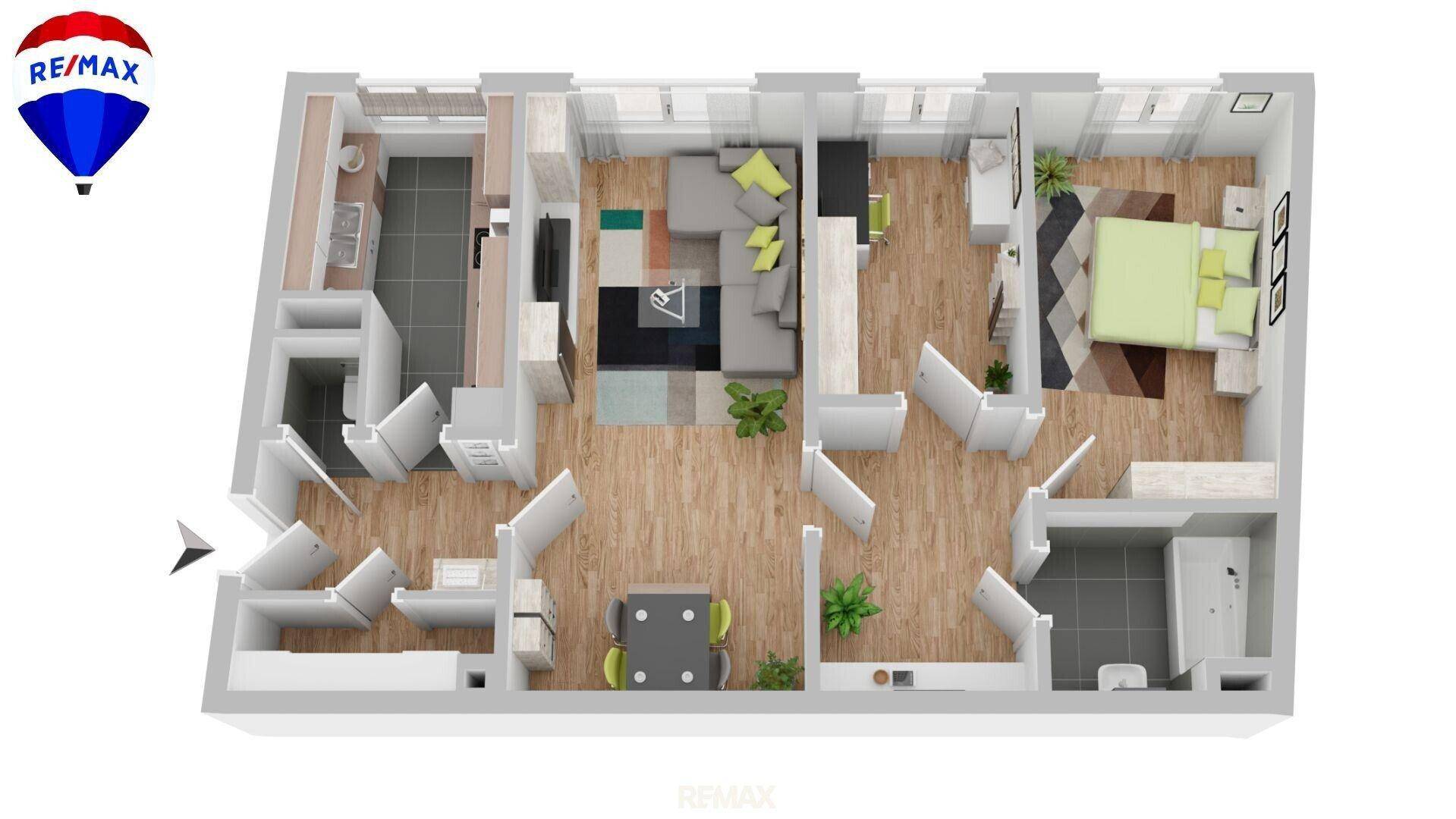 Detaillierter Grundriss der Wohnung mit Möblierung und Raumaufteilung.