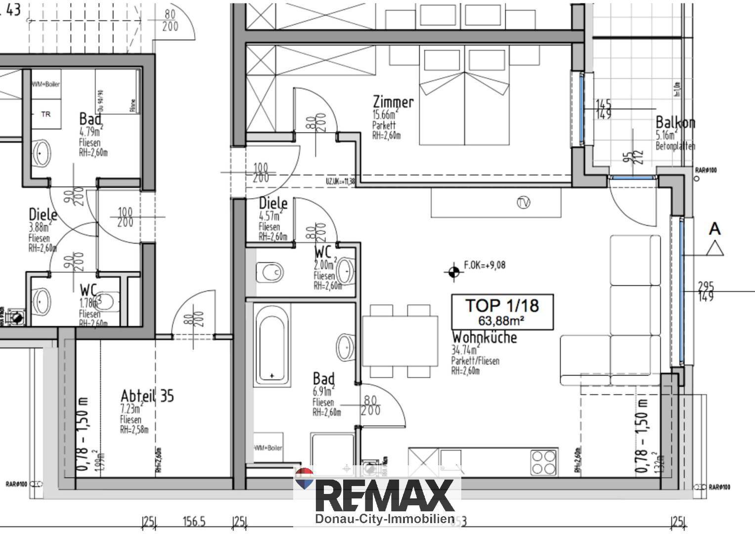 Grundriss der Wohnung TOP 1/18 mit Wohnküche, Schlafzimmer, Bad und Balkon.