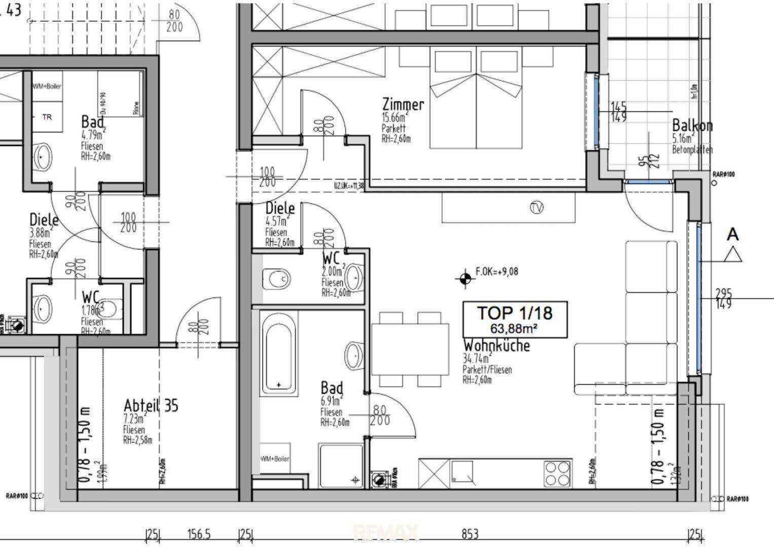 Grundriss einer Wohnung mit offenem Wohnbereich, Schlafzimmer, Bad, WC und Balkon.