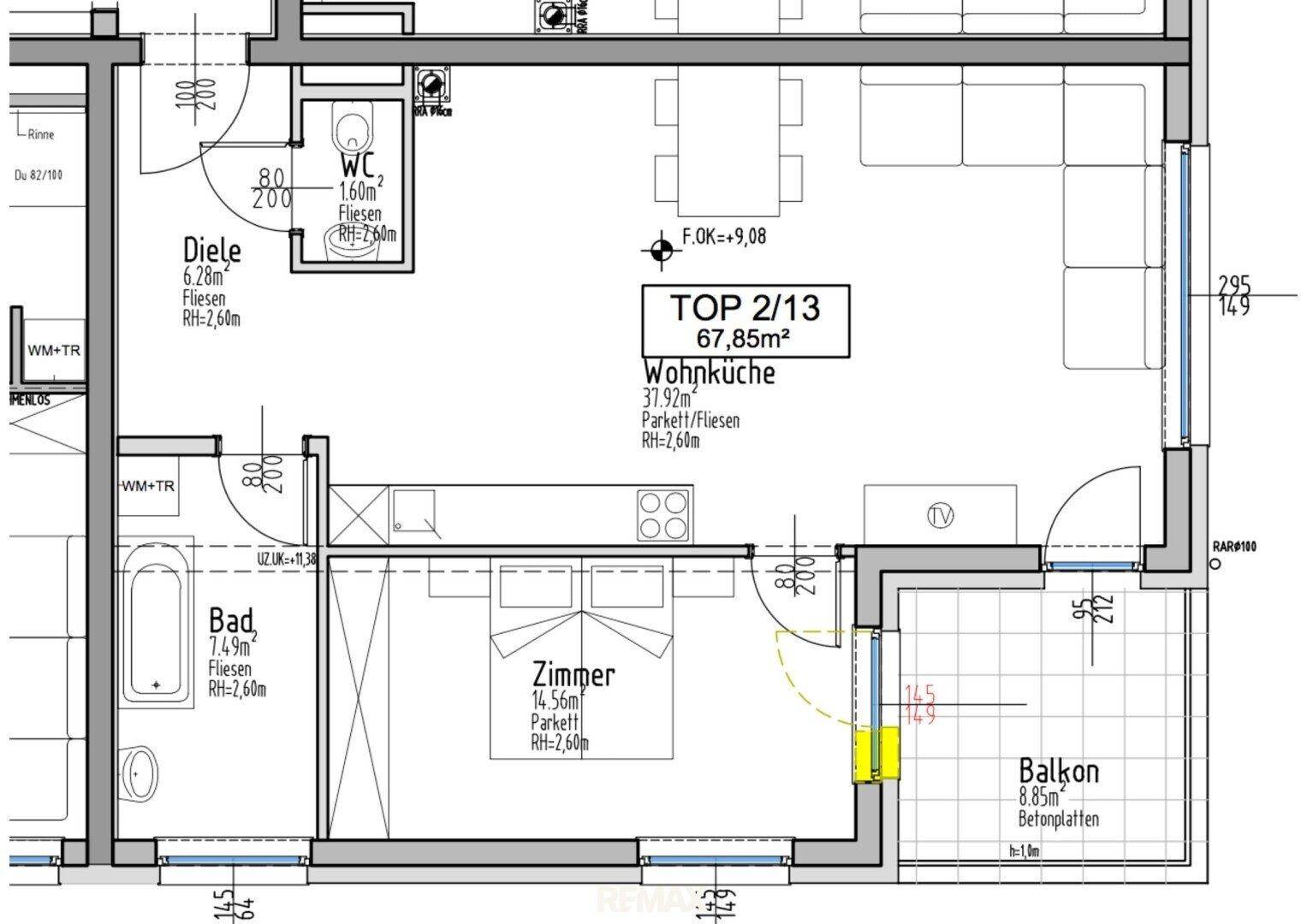 Grundriss einer Wohnung mit Wohnküche, Schlafzimmer, Diele, Bad, WC und Balkon.