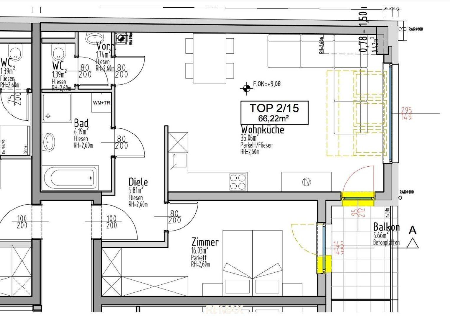 Grundriss einer Wohnung mit Wohnküche, Schlafzimmer, Bad, WC und Zugang zum Balkon.