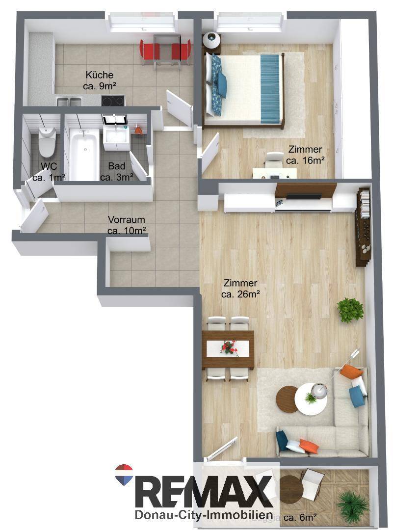 Detaillierter Grundriss einer Wohnung mit Küche, Bad, Schlafzimmer und Wohnbereich mit Balkon.