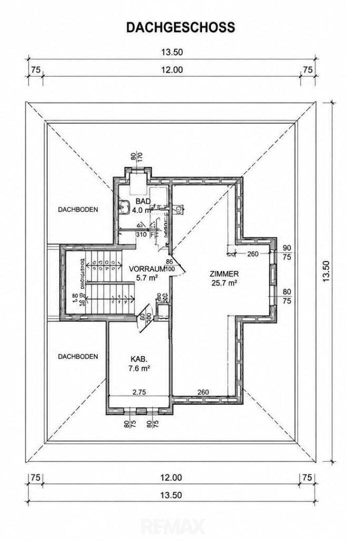 Grundriss des Dachgeschosses mit Zimmer, Bad und Vorraum.
