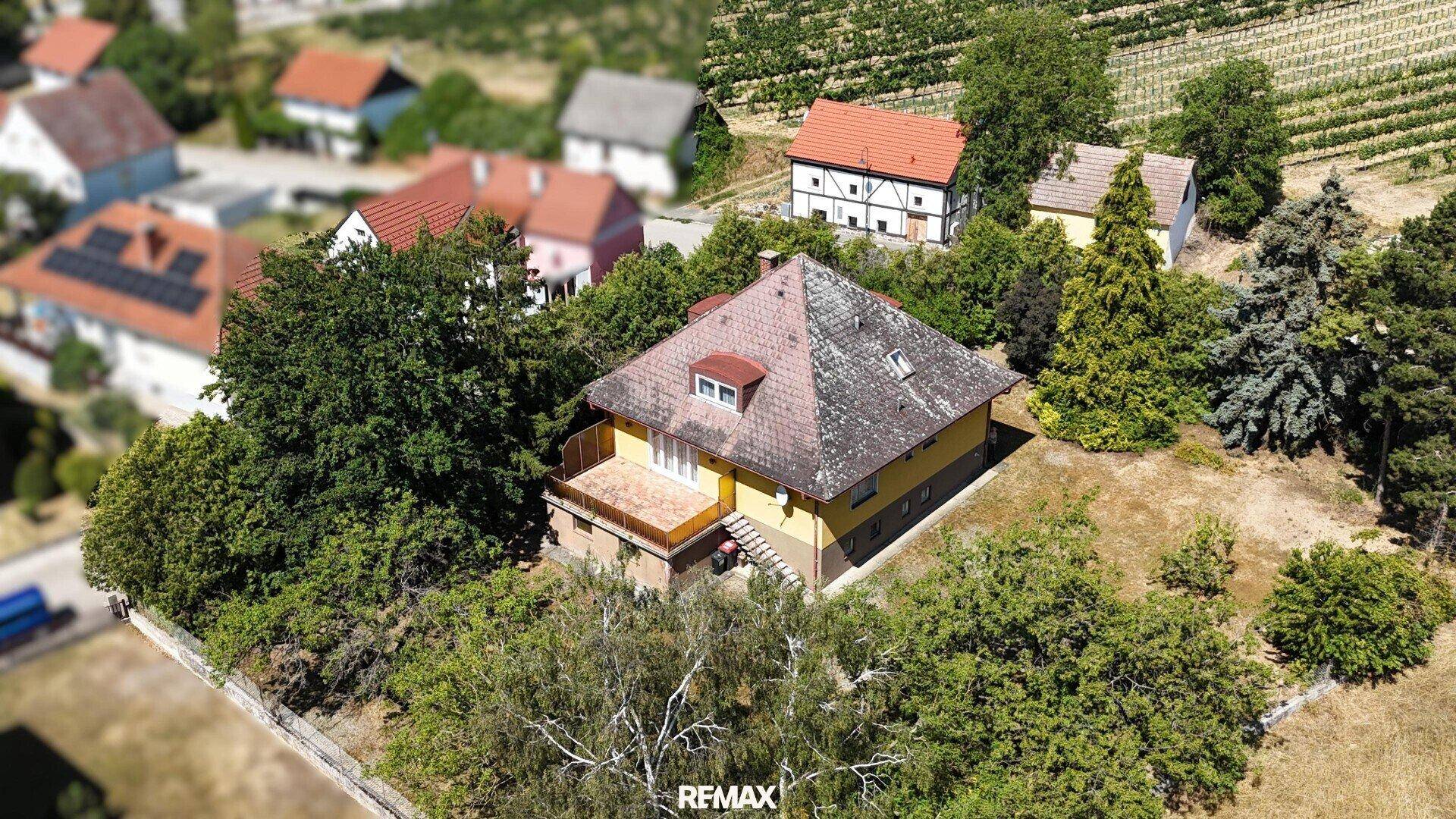 Luftaufnahme des Hauses mit Balkon, umgeben von Bäumen und Weinbergen im Hintergrund.