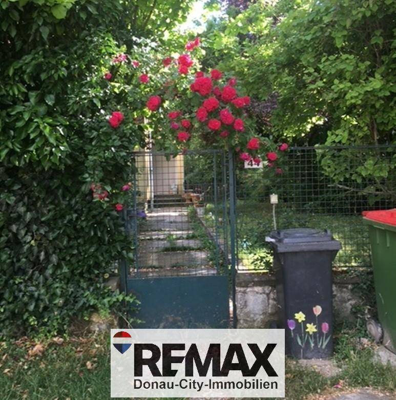 Eingang zum Garten mit einem Tor, umgeben von üppigen Rosenbüschen und Mülltonnen.