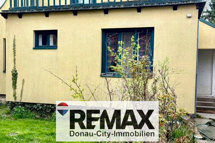 Seitenansicht des Hauses mit gelber Fassade und dunklen Fensterrahmen, umgeben von jungem Grün.