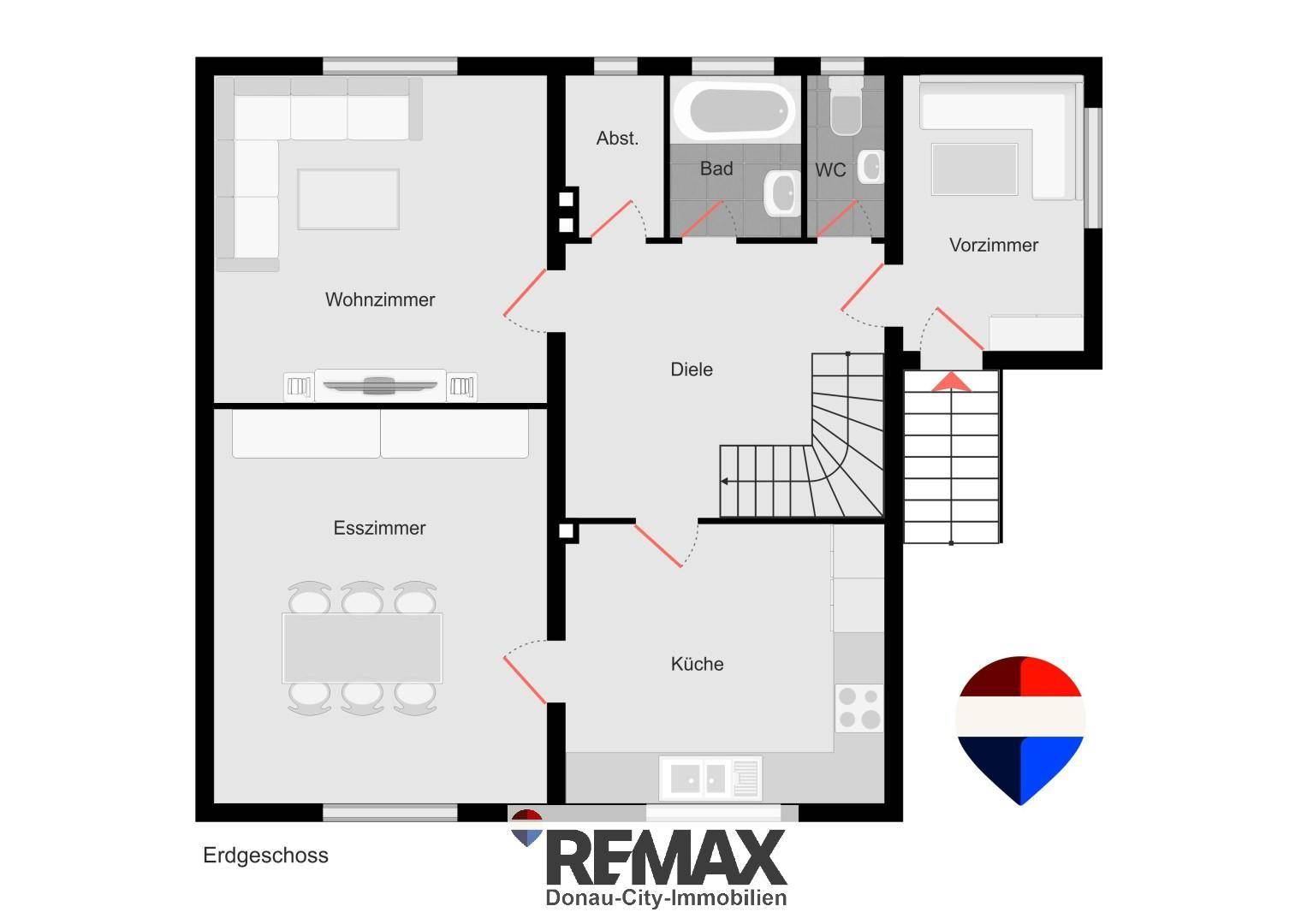 Detaillierter Grundriss des Erdgeschosses mit offenem Wohn- und Essbereich, separater Küche und einem Badezimmer.