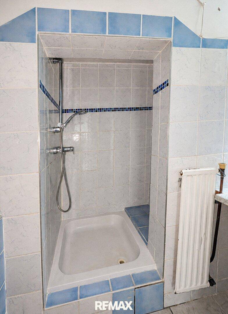 Geflieste Dusche mit blauen Akzenten und Heizkörper in einem Badezimmer.