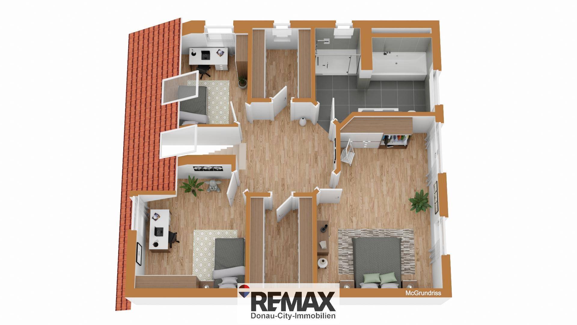 Detaillierter Grundriss des Obergeschosses mit Schlafzimmern, Badezimmer und Dachschrägen.