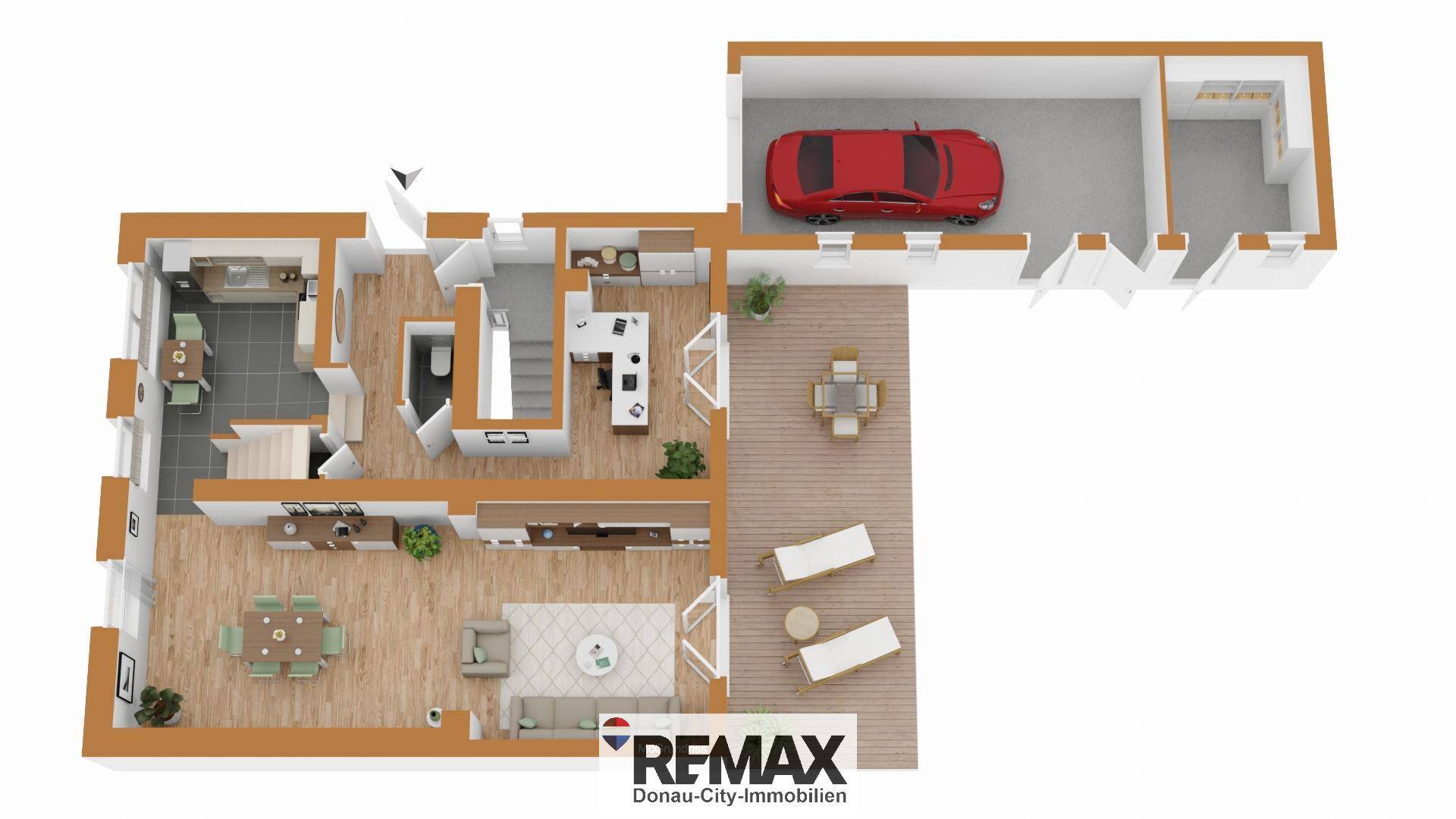 Detaillierter Grundriss des Erdgeschosses mit Garage, offenem Wohnbereich und Terrasse.