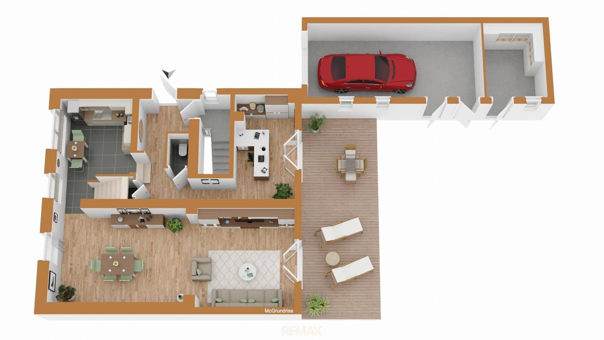 Grundriss des Erdgeschosses mit Garage, offenem Wohnbereich und Terrasse.