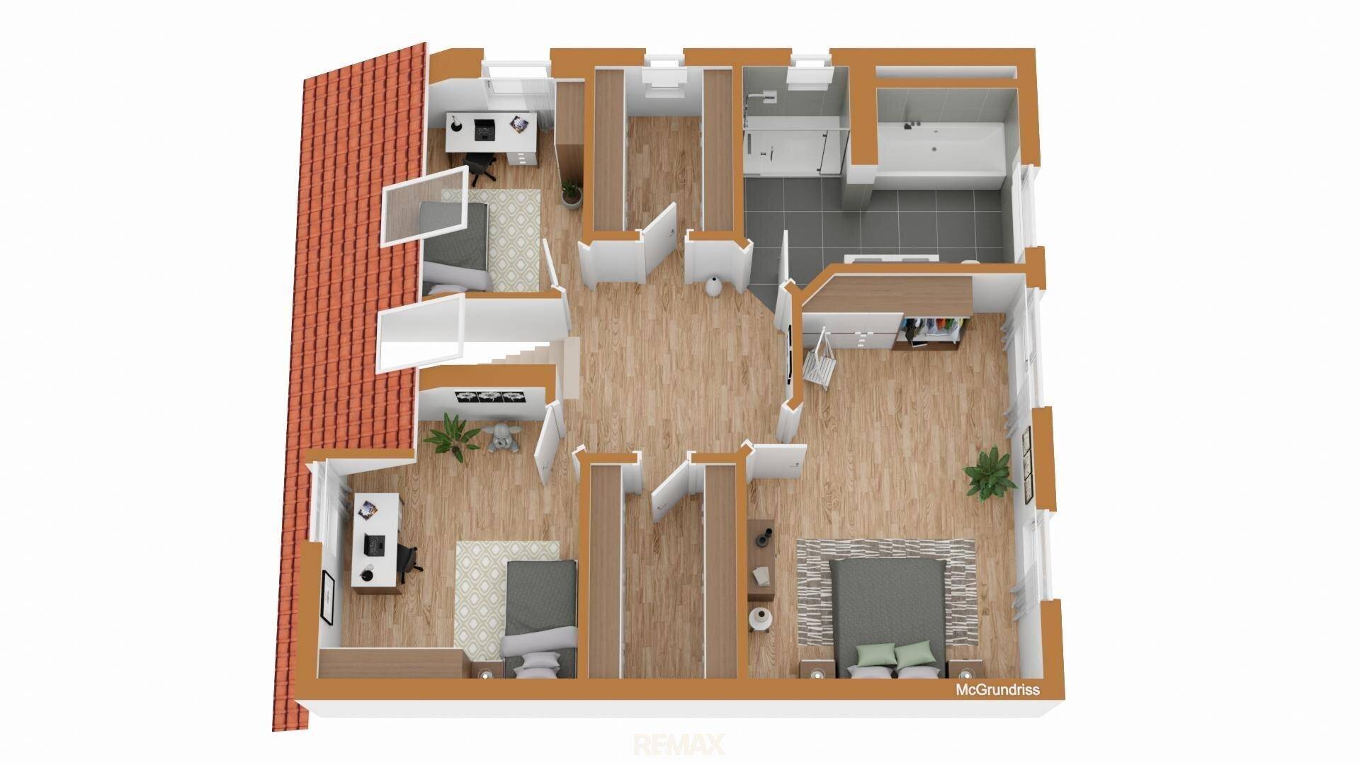 Grundriss des Obergeschosses mit Schlafzimmern, Badezimmer und Dachschrägen.
