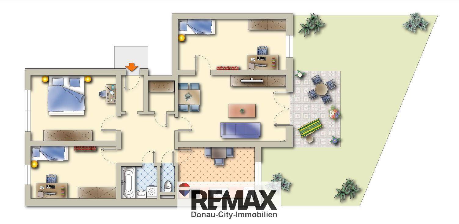 Detaillierter Grundriss einer Wohnung mit mehreren Zimmern, Terrasse und Gartenbereich.
