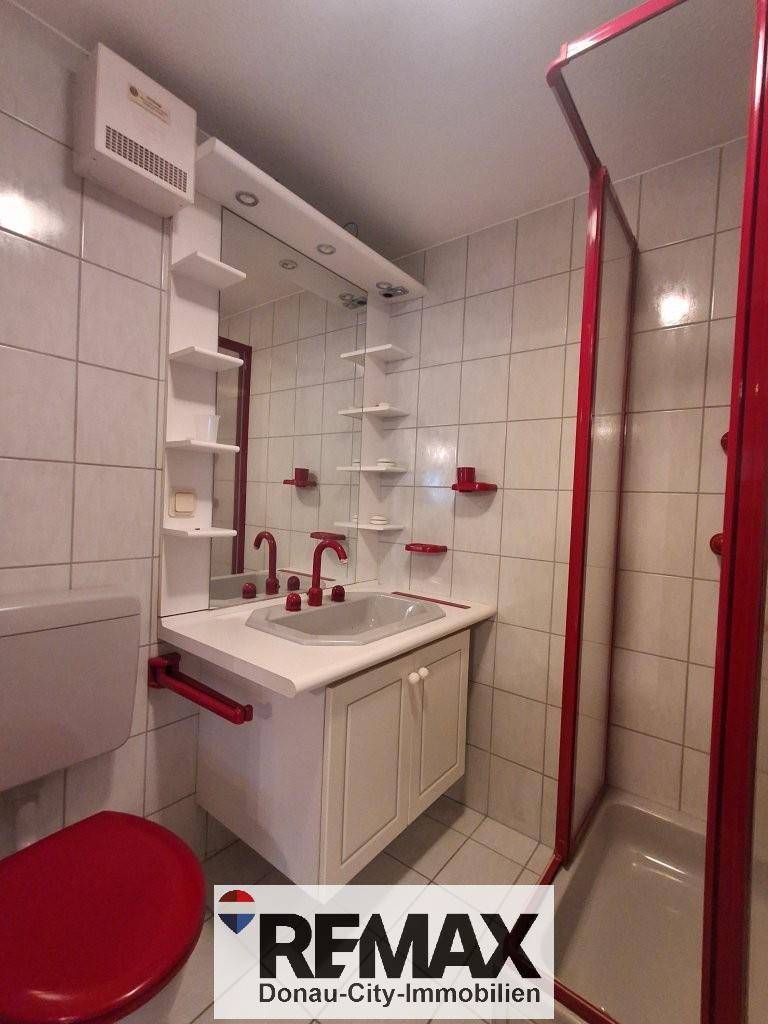 Badezimmer mit Duschkabine, Waschbecken und roten Akzenten.