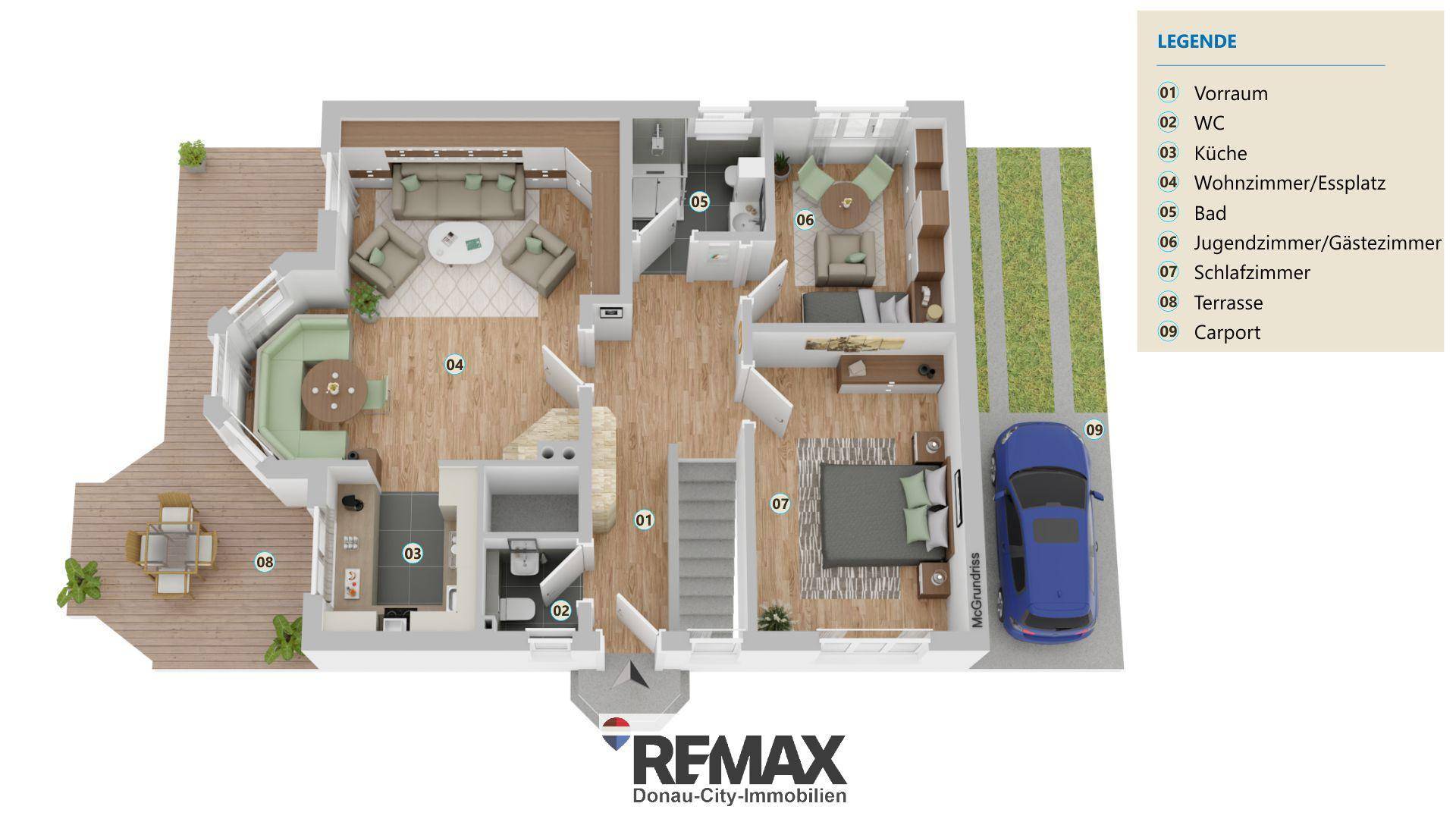 Grundriss des Erdgeschosses mit Wohnzimmer, Küche, Schlafzimmer und Terrasse.