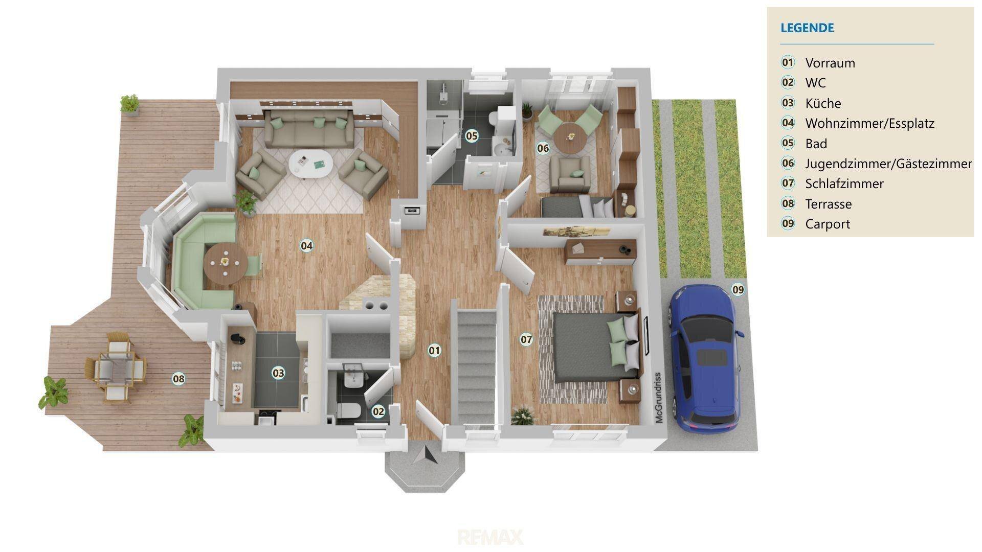 Grundriss des Erdgeschosses mit offenem Wohn-Essbereich, Küche, Schlafzimmer und Terrasse.
