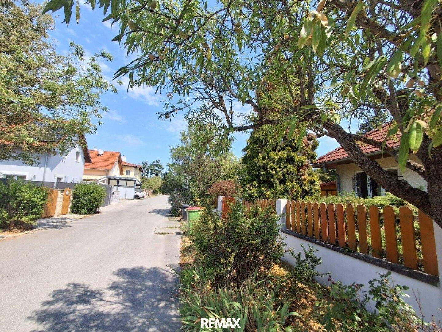 Ruhige Wohnstraße mit gepflegten Häusern und grünen Gärten in der Nachbarschaft.