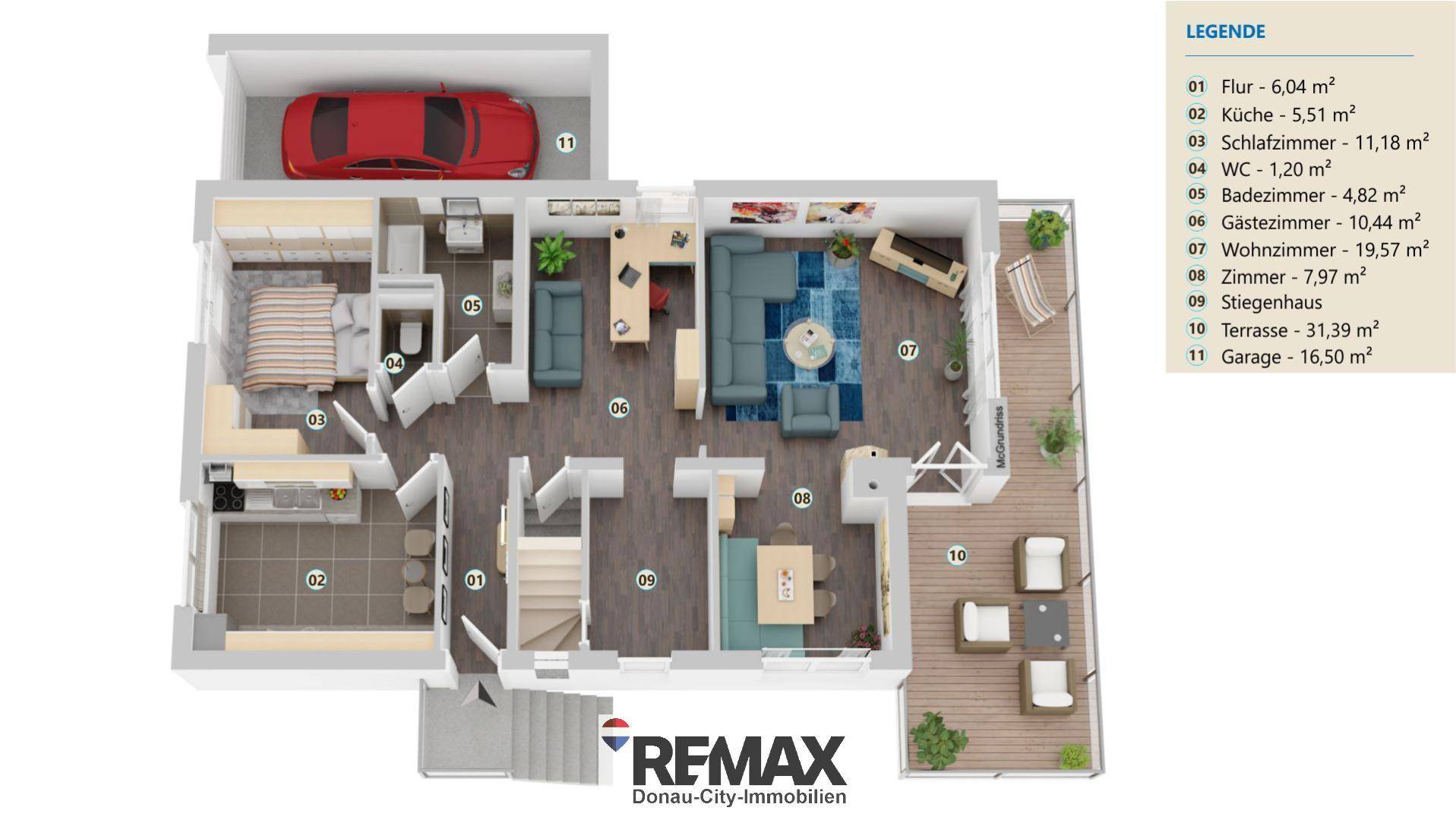 Detaillierter Grundriss des Erdgeschosses mit Wohnbereich, Küche, Schlafzimmer und Terrasse.