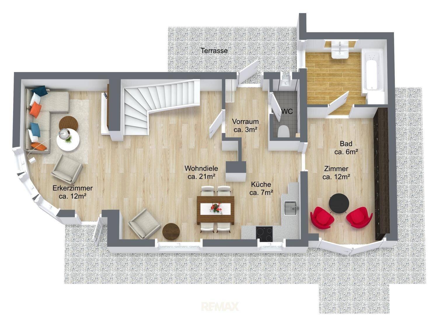 Grundriss des Erdgeschosses mit Wohnzimmer, Küche, Bad und Terrasse.