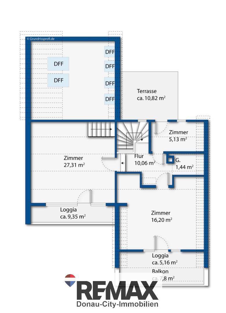 Grundriss des Obergeschosses mit mehreren Zimmern, Flur, Loggia und Balkon.