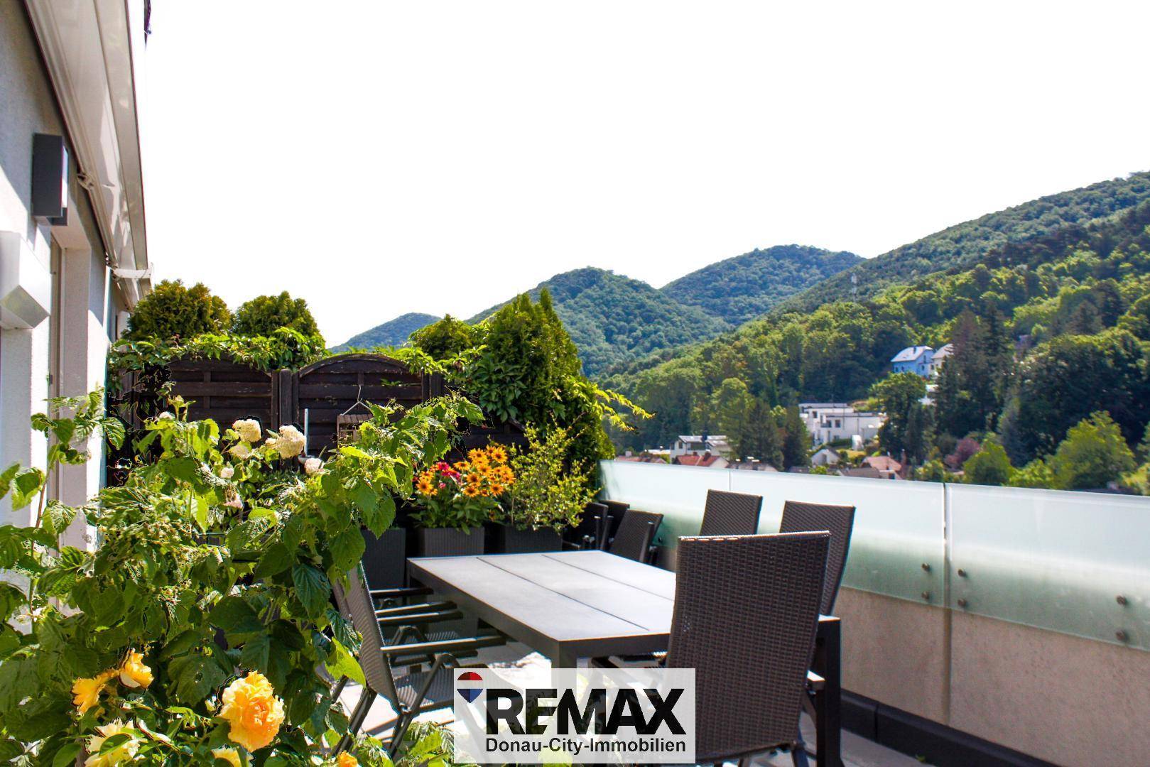 Geräumige Terrasse mit Esstisch, Pflanzen und einem malerischen Blick auf die umliegenden grünen Berge.