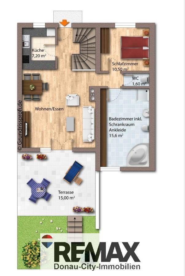 Grundriss des Erdgeschosses mit offener Küche, Wohn-/Essbereich, Schlafzimmer, Bad und großer Terrasse mit Garten.