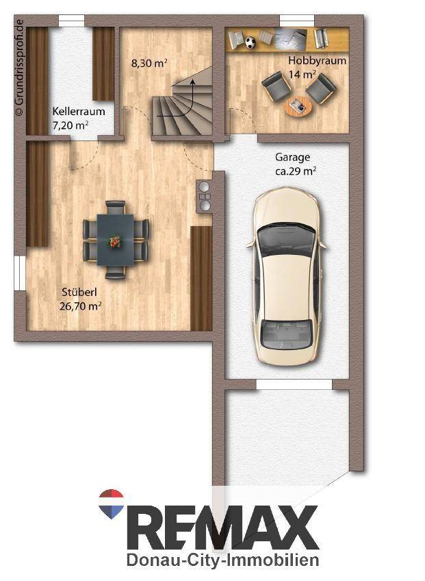 Grundriss des Untergeschosses mit Hobbyraum, Kellerraum, Garage und einem gemütlichen Stüberl.