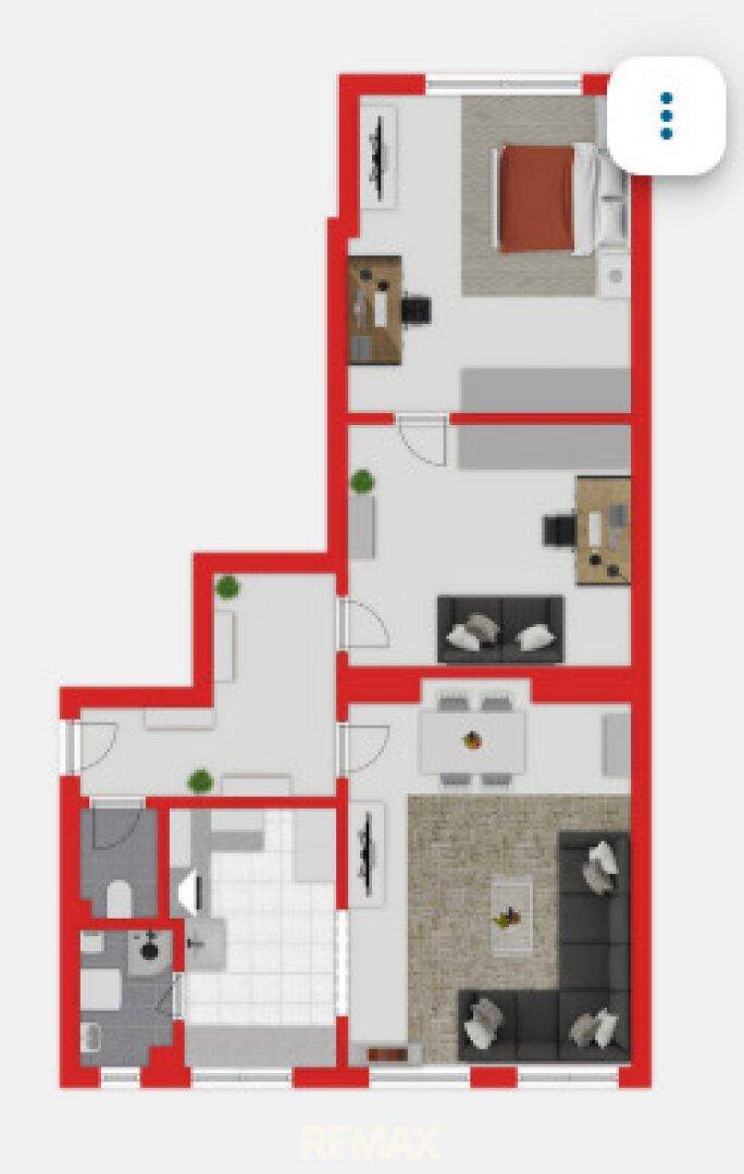 Übersichtlicher Grundriss einer Wohnung mit mehreren Zimmern und Bädern, gut aufgeteilt.