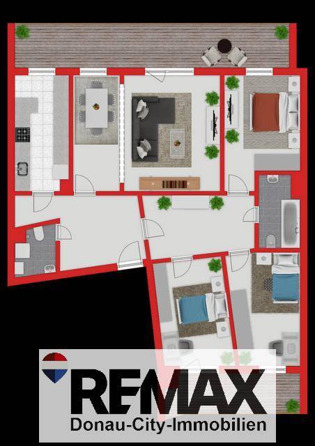 Detaillierter Grundriss der Wohnung mit drei Schlafzimmern, offenem Wohnbereich und großer Terrasse.